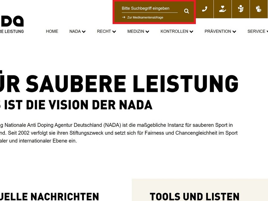 Die Startseite der NADA-Homepage mit hervorgehobener Suchleiste.