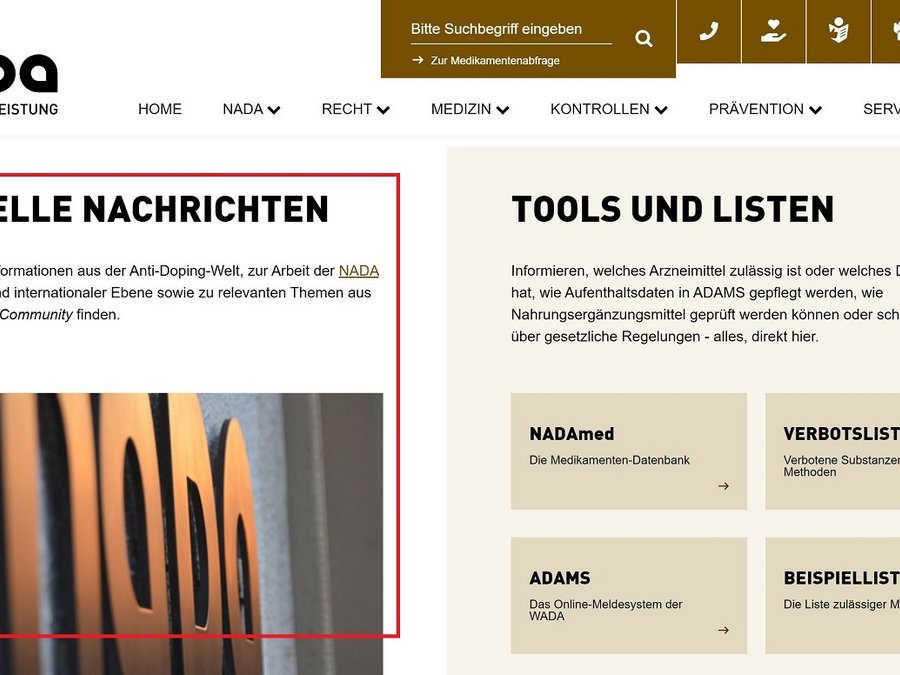 Die Startseite der NADA-Homepage mit hervorgehobenen Nachrichten-Bereichen.