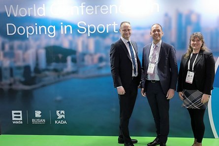 Der Vorstand der NADA mit Marc Wonneberger vom BISp bei der Welt-Konferenz Doping im Sport