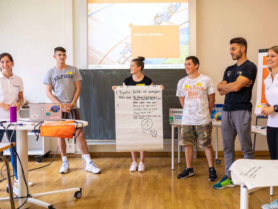 Schüler stehen mit Plakat vor einer Gruppe