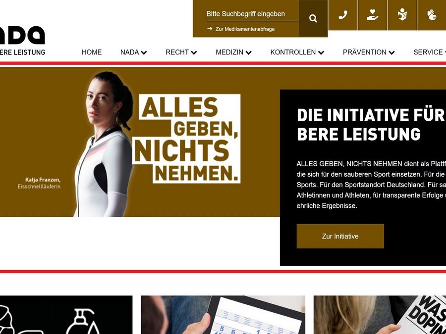 Die Startseite der NADA-Homepage mit hervorgehobenem Bereich zur Initiative "ALLES GEBEN, NICHTS NEHMEN".