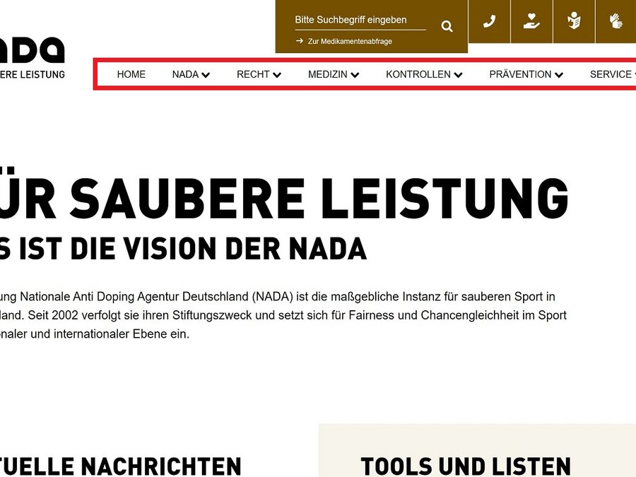 Die Startseite der NADA-Homepage mit hervorgehobenen Haupt-Bereichen.